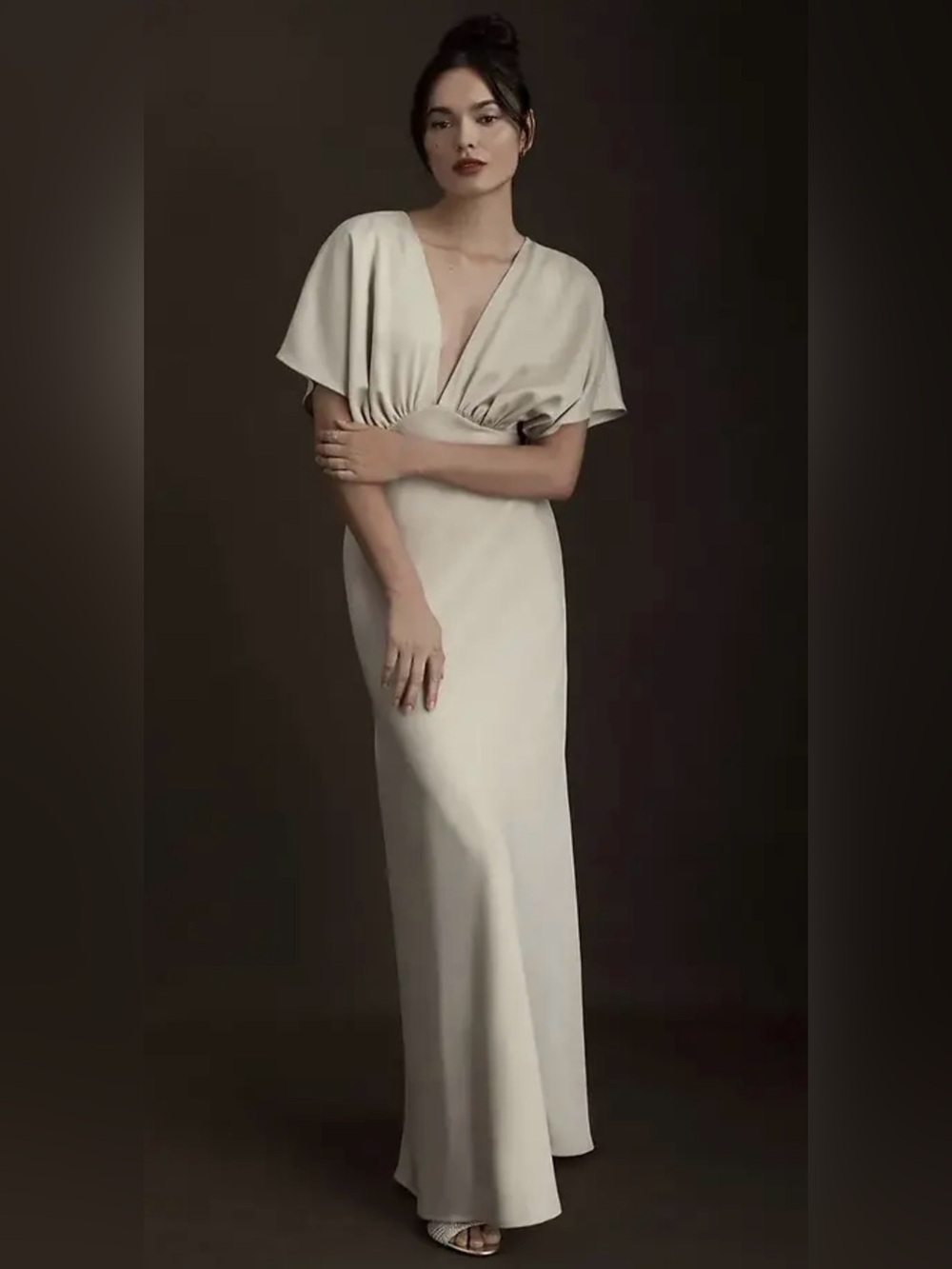 BHLDN Leila Deep-V Flutter-Sleeve Satin A-Line Gown in Champagne NWT Size 20W